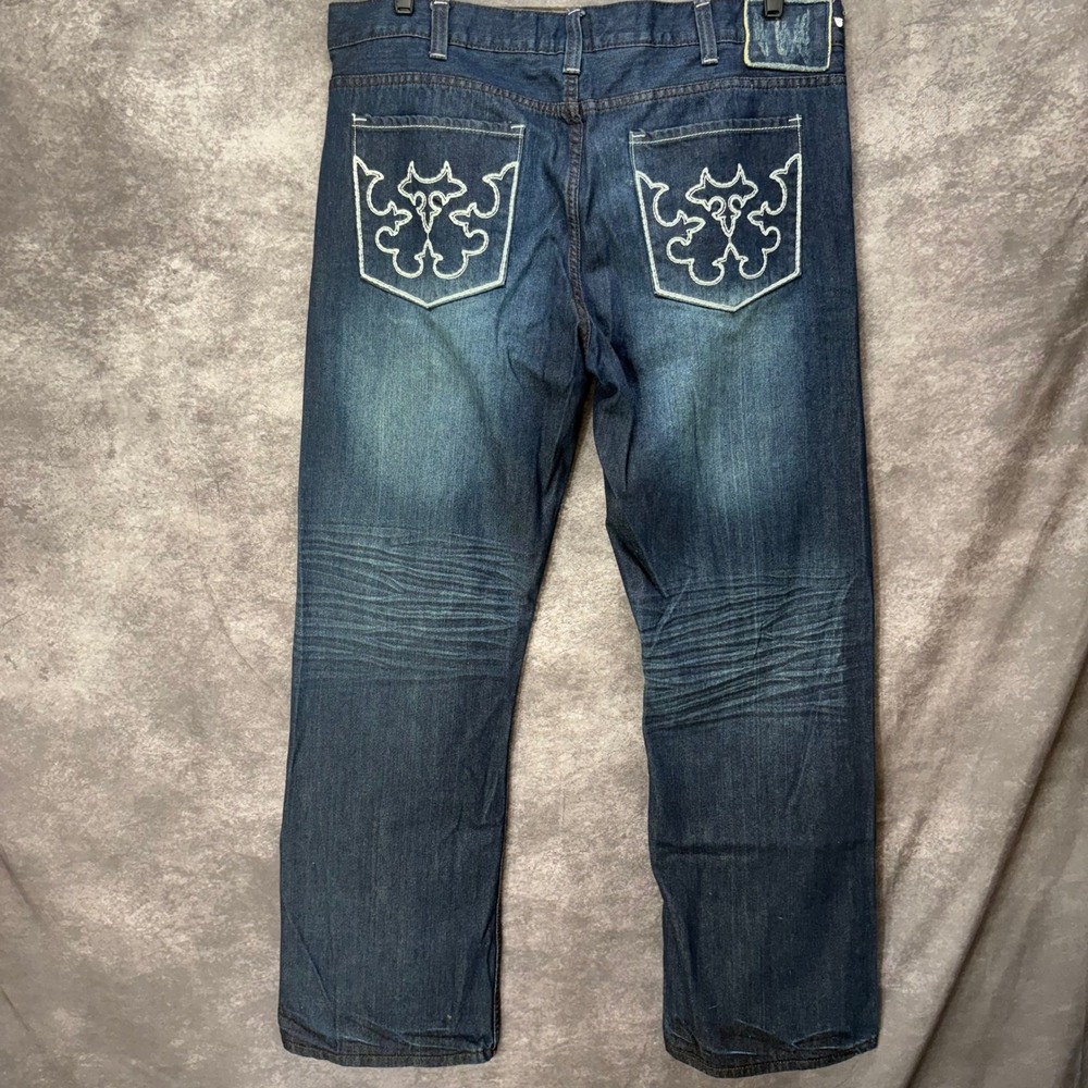 Helix Bootcut Jeans Mens Size 38x32 Blue Dark Wash Embroidered Pockets Y2K